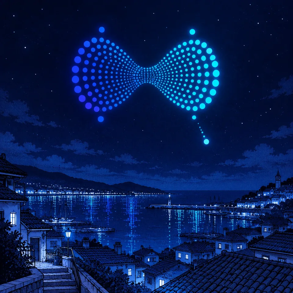 示例：四格漫画第 1 格，夜空中的光点蝴蝶结掉下一颗点
