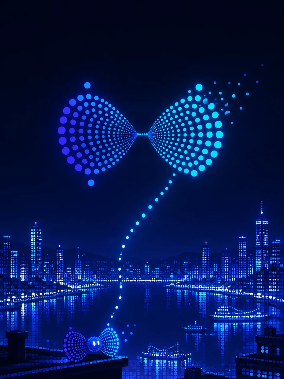 示例：点灯夜竖版主视觉，阿点停在屋檐边，仰望港口上空正在散开的光点蝴蝶结