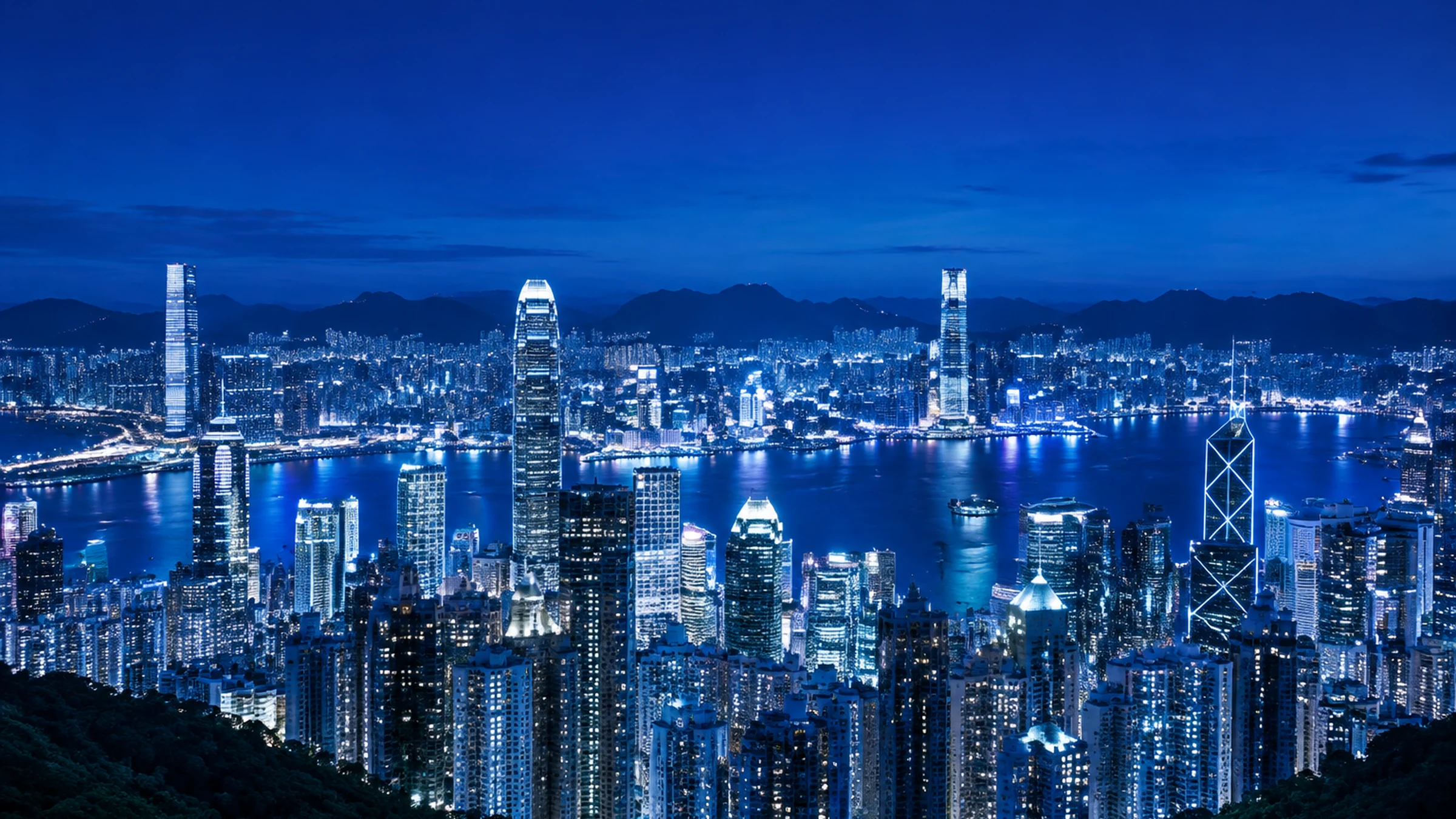 从太平山顶俯瞰香港中环与维多利亚港夜景
